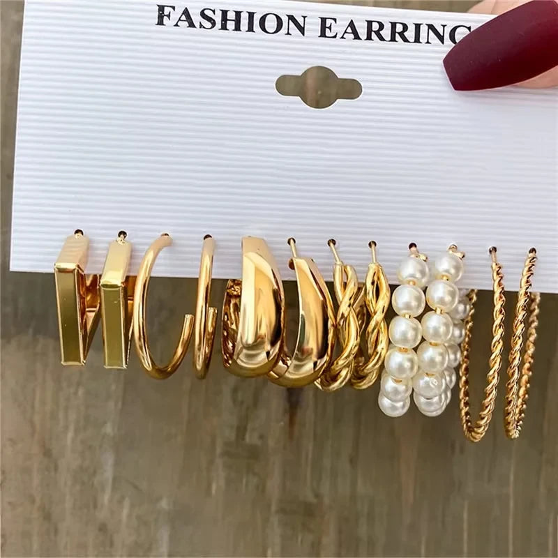 Vintage Bohemian Pearl Hoop Earrings Set