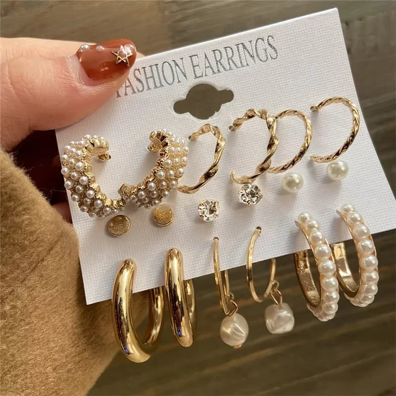 Vintage Bohemian Pearl Hoop Earrings Set